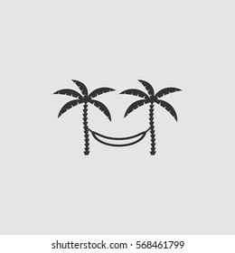 Relaxing hammock between two palm trees icon flat. Black pictogram on grey background. Vector illustration symbol