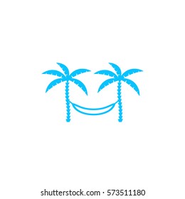 Relaxing hammock between two palm trees icon flat. Blue pictogram on white background. Vector illustration symbol