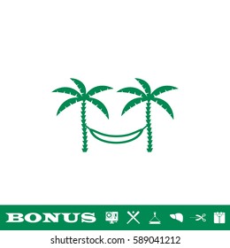 Relaxing hammock between two palm trees icon flat. Green pictogram on white background. Vector illustration symbol and bonus button