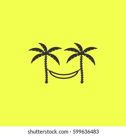 Relaxing hammock between two palm trees icon flat. Black pictogram on white background. Vector illustration symbol and bonus button