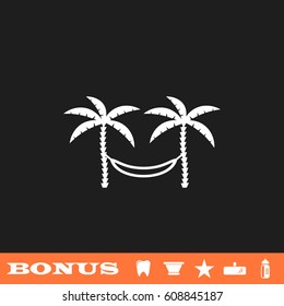 Relaxing hammock between two palm trees icon flat. White pictogram on black background. Vector illustration symbol and bonus button tooth, vase, star, mirror, bottle