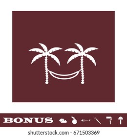 Relaxing hammock between two palm trees icon flat. White pictogram on brown background. Vector illustration symbol and bonus icons