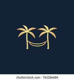 Relaxing hammock between two palm trees icon flat. Simple gold pictogram on dark background. Vector illustration symbol