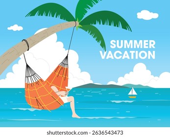 Relaxing in hammock by the sea on summer vacation