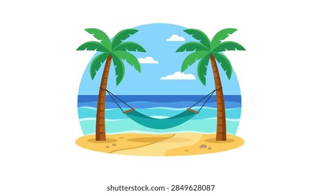 A relaxing hammock hangs between two tropical palm trees on a sandy beach.