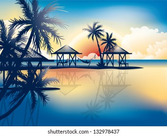 Relaxing in hammock on a tropical beach - vector wallpaper