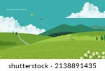 Relaxing hand drawn PC wallpaper design. Cute family are flying kites on green alpine mountains.