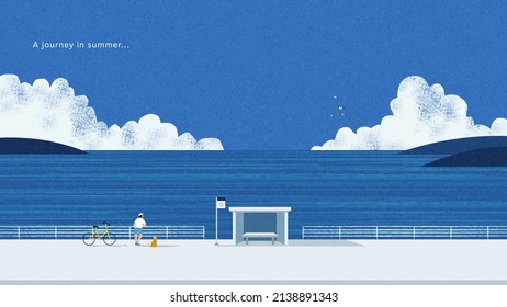 Relaxing hand drawn PC wallpaper design. Alone traveler enjoys a journey to summer seashore.