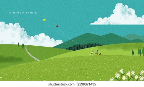 Relaxing hand drawn PC wallpaper design  Cute family are flying kites green alpine mountains 