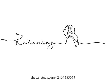 Relaxing handwritten inscription with woman listen music with headphone. One line drawing of phrase hand writing calligraphy card lettering isolated on white background.