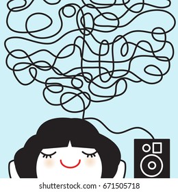 Relaxing Happy Girl With Music Sound Wave From Speaker Concept Card Character illustration