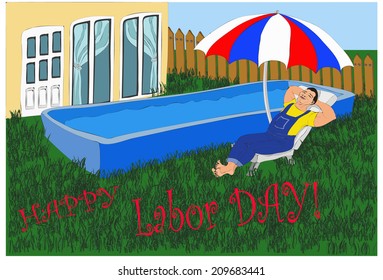 Relaxing happy worker asleep in deck chair near his swimming pool and his house under the parasol on a labor day