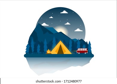 Relajación en vacaciones por camping, vector, ilustrador