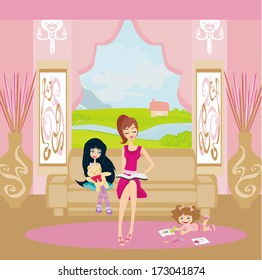 relaxing at home - children playing, mom reads a book