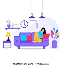 Relaxing at home Illustration concept. social distancing during covid-19 outbreak. female working on laptop at home