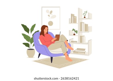 Relaxing at Home Illustration of Woman Reading Book on Cozy Armchair. Illustrations for websites, landing pages, mobile apps, posters and banners