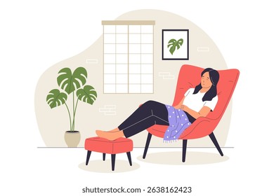 Relaxing at Home Illustration of Woman Resting on Cozy Chair with Blanket. Illustrations for websites, landing pages, mobile apps, posters and banners