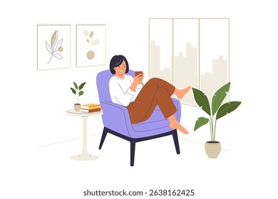 Relaxing at Home Illustration of Woman Sitting Comfortably. Illustrations for websites, landing pages, mobile apps, posters and banners