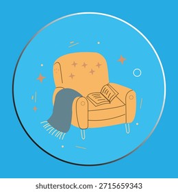 Icono plano interior relajante del hogar con el libro y la silla acogedora en fondo azul.