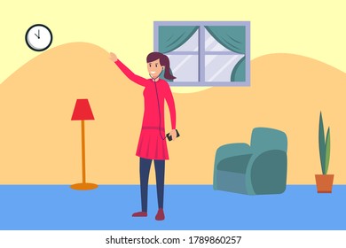 Relaxing at home vector concept: woman listening music through her headphone and smartphone happily in the living room