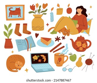 Relaxing home weekend. Lazy day off in house. Girl with cozy interior isolated objects. Calm warm atmosphere. Relaxed woman reads. Hot tea and cake. Sleeping cat. Vector