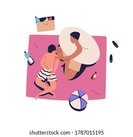 Relaxing Homosexual Men Sunbathing On Beach Picnic. Gay Couple Spreading Sun Protection Lotion. People, Friends, Chill, Sit On Blanket. Cartoon Flat Vector Illustration Isolated On White Background