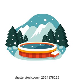 Relaxing in Hot Springs with Snowy Mountain Scenery – Flat Style in a Vector illustration