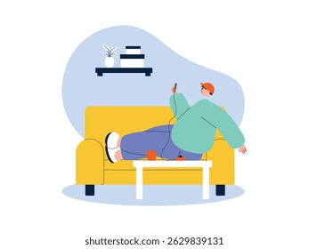 Relaxing just playing smartphone and listening to music through earphone, laziness vector illustration.
