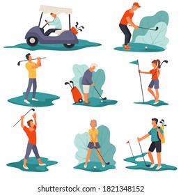 Relaxing kind of sports for rich people, characters playing golf at court. Hitting with club on field. Automobile for personages, outside summer hobbies and entertainment, vector in flat style