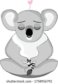 relaxing koala bear. cute animal picture. with love heart on koala's head. meditation pose.