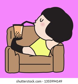 Relaxing Lady Drinking Bubble Milk Tea On Black Ankle Boots With Long Straw. Lazy Cute Woman Drinking From Straw While Lying On Sofa With Comfy Expression On Her Face Concept Card Character illustrati