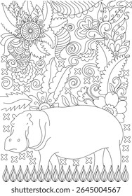 Relaxante preguiçoso Hippo Colorir Página em ambiente de selva exuberante com padrões florais e abstratos detalhados - Perfeito para crianças e adultos para atividade anti-stress