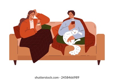 Relaxing leisure time. Vector illustration of a young couple enjoying a quiet moment on the couch with their white cat, exuding warmth and comfort.