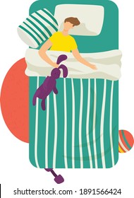 Relaxing man character sleeping comfortable soft bed, young teenager hold rabbit toy flat vector illustration, isolated on white. Cozy personal kid room, adolescent rest apartment orthopedic mattress.