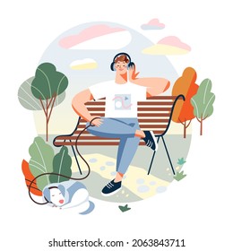 Relaxing man in city park vector illustration. Cartoon happy guy pet owner sitting on bench with earphones and listening to music outdoor, holding dog leash. Leisure, relaxation with music concept