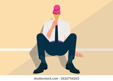 conceito de homem relaxante, homem de negócios sentado no chão tomando sorvete, recarga de energia, alívio da depressão por estresse, vetor de desenhos animados