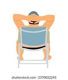 El hombre relajante disfruta sentarse en una silla de playa ilustración vectorial aislada. Adultos mayores para tomar el sol en la playa. Un hombre sano disfruta en los días calurosos de verano. Tiempo libre en el complejo. Disfrutando del sol. Relajación y diversión por mar. 