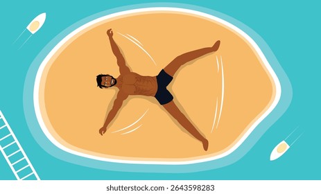 Relaxing man laying on bread shaped float in blue swimming pool