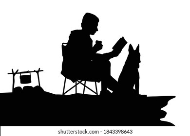 Relaxing man is resting with his dog silhouette vector