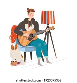 Relaxing Man Sitting in Armchair and Playing Guitar at Home Vector Illustration