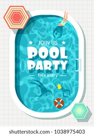 Relaxing man and woman in summer vacation. Swimming pool party vector background. Illustration of swimming pool party poster