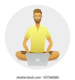Relaxing man at work with yoga pose style. Cartoon style freelancer with computer round icon. freelance work flat illustration. Internet job meditation vector. Seated, resting man meditating, job icon