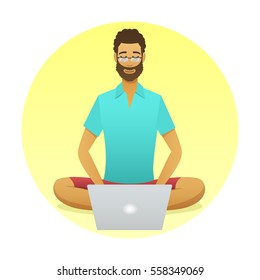Relaxing man at work with a yoga pose style. Cartoon style freelancer with computer round icon. rest and work flat illustration. Harmony, relax. Work with travel. Internet freelance job vector design.