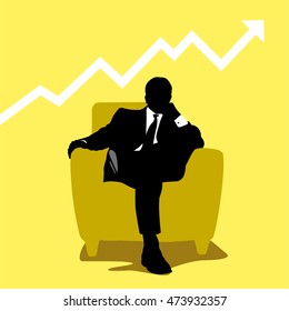 Relaxing manager concept vector illustration. Illustration of a man in a suit sitting in a chair. Behind him is a rising curve