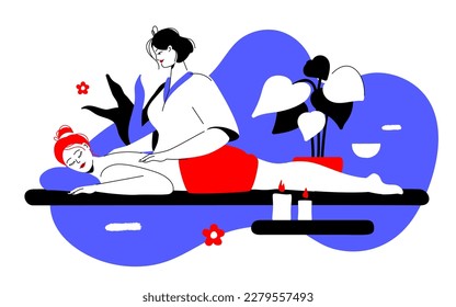 Relaxing massage - colorful flat design style illustration with linear elements. Red and blue colored composition with masseuse in a spa salon kneads a girl's back. Rest and self care, therapy idea