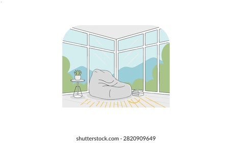 Relaxing modern interior featuring a large beanbag chair next to a small table with a potted plant and floor-to-ceiling windows.