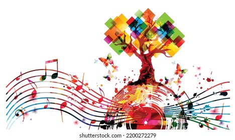 Relaxing music concept with tree and musical notes isolated vector illustration. Calming colorful musical design, nature inspired, with LP vinyl record disc, musical staff and butterflies	