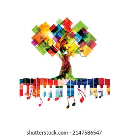 Relajación del concepto musical con árbol, teclado de piano y notas musicales aisladas ilustraciones vectoriales. Diseño musical colorido, naturaleza inspirada en las teclas del piano