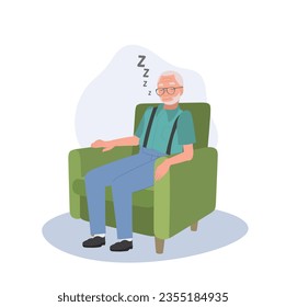 Relaxing Nap of Mature. Elderly man Sleeping on cozy Couch at home. Flat vector cartoon illustration