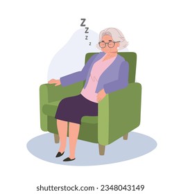 Relaxing Nap of Mature. Elderly Woman Sleeping on cozy Couch at home. Flat vector cartoon illustration